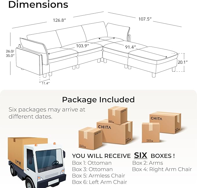 CHITA 127" Super Large Sectional Couches for Living Room, Modular Cloud Couch Sectional Sofa, Premium Fabric Couches, Down Filled, High Density Foam, Chenille in Beige, 5 Seat U Shaped
