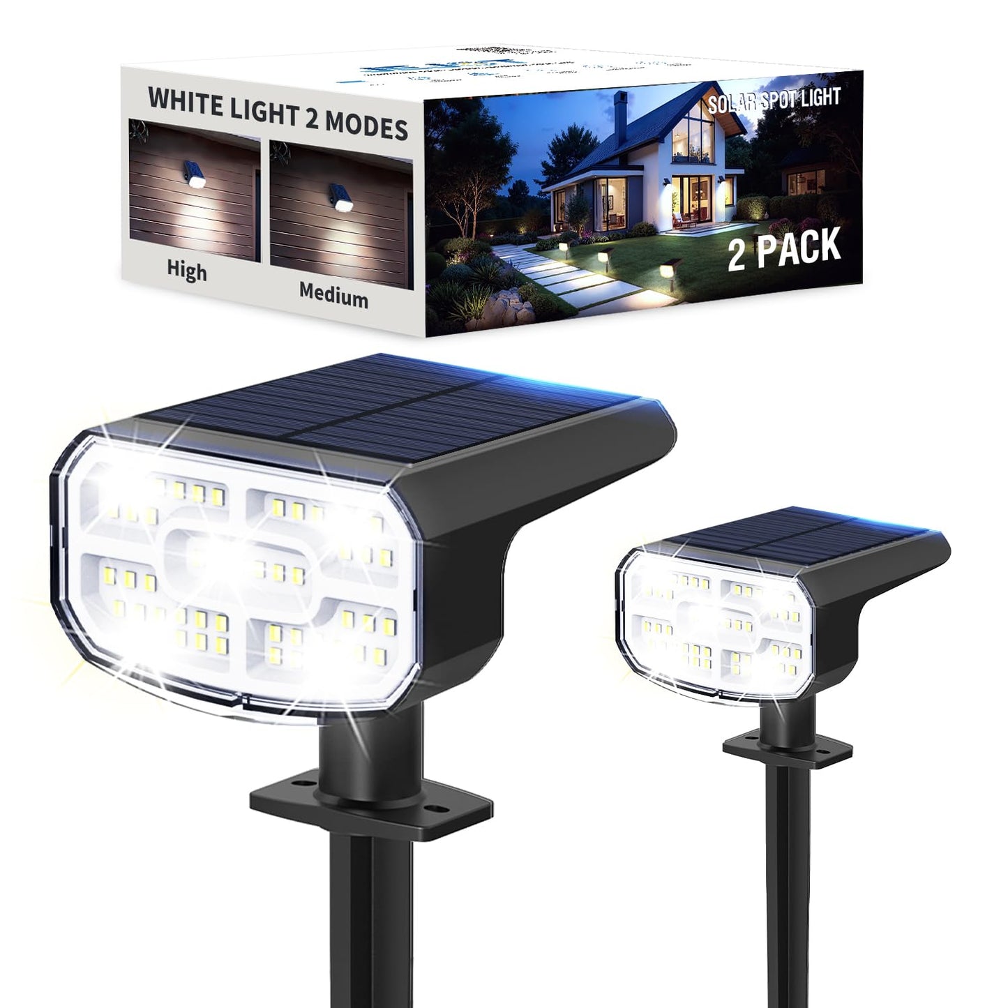 JEJOT Solar Lights Outdoor Waterproof IP65, Super Bright LED, 6500K 2 Lighting Modes, Solar Powered Yard Garden Solar Spot Lights for Outside Landscape Auto On/Off -2 Pack