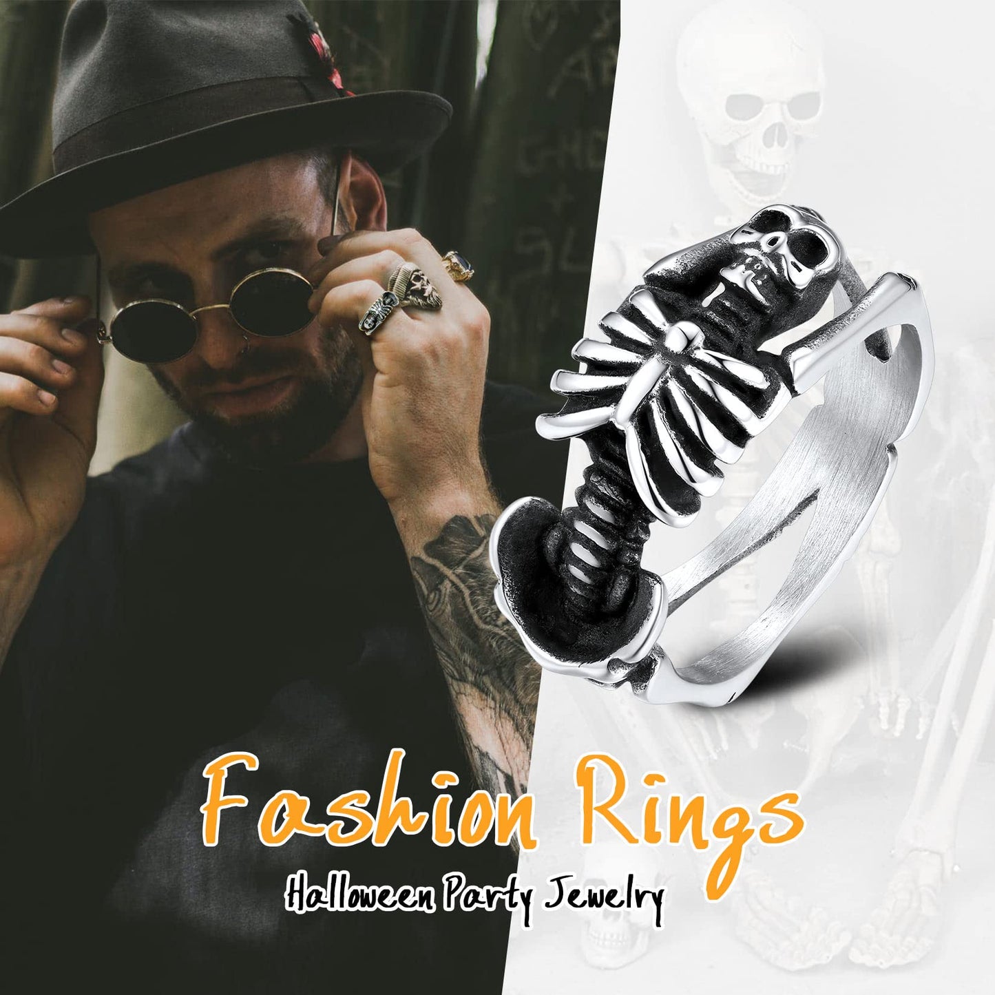 U7 Gothic Skull Ring Stainless Steel Skeleton Biker Ring Men Women 9mm Wide Band Halloween Rings Size 7