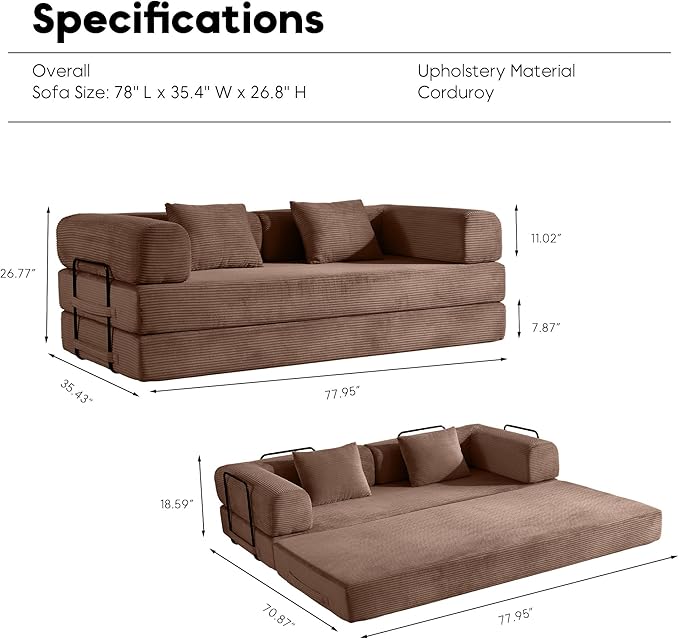 ZEIINPA Convertible Sleeper Sofa Bed, Corduroy Floor Couch with Fixed-Shape Frame, Comfy Modular Floor Sofa with Pull Out Bed, Sleeper Loveseat Boneless Couch for Living Room, Brown