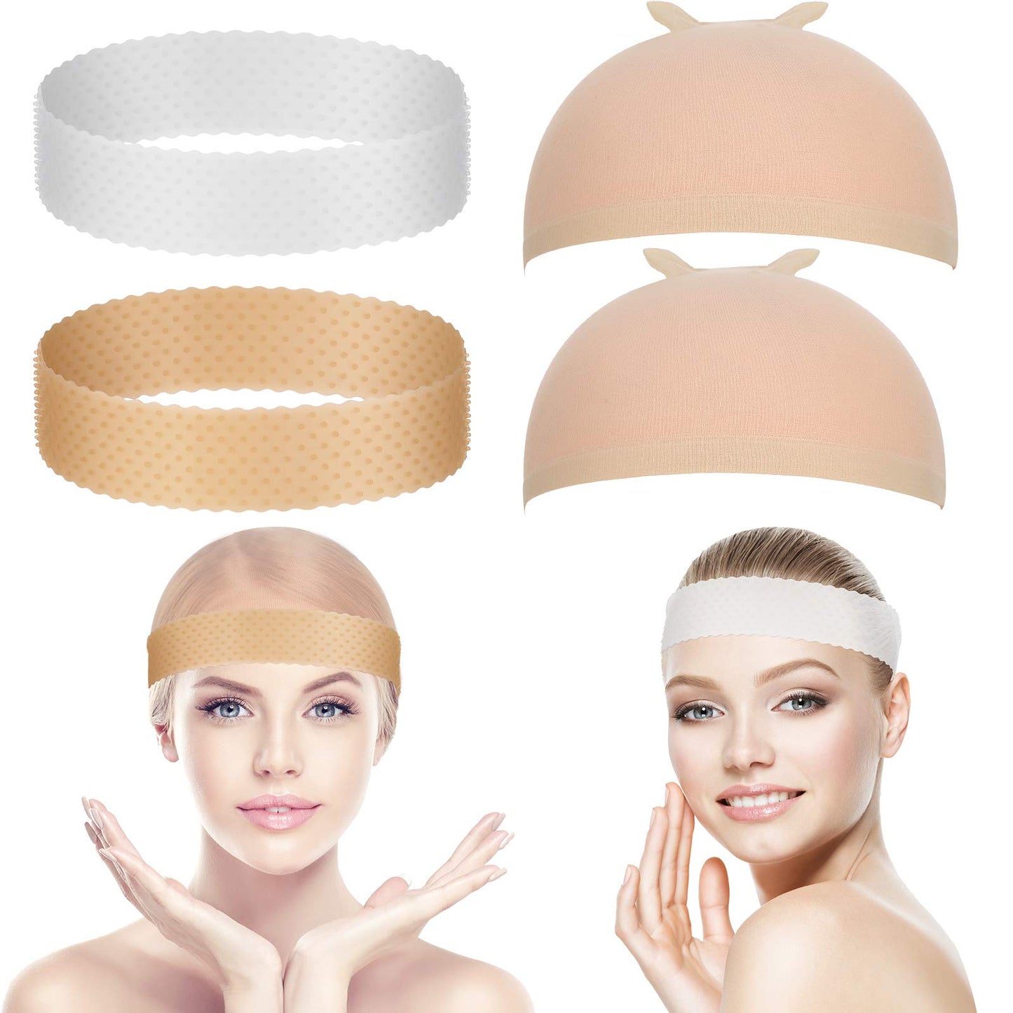 4 Pieces Nylon Wig Caps and Silicone Wig Grip Band for Lace Front Set for Women Human Hair Seamless Non-slip Headband Stretchy A