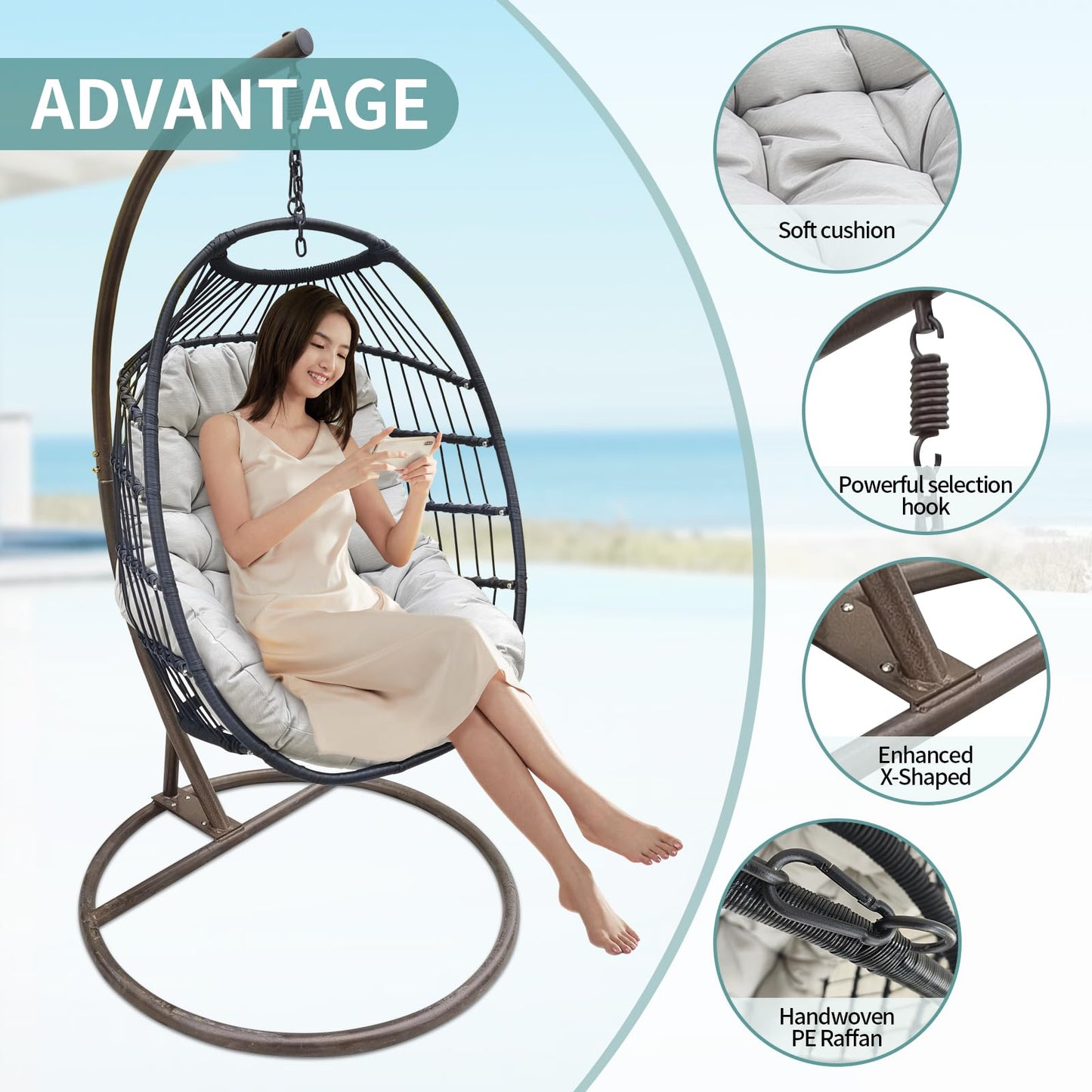 Hanging Egg Chair with Stand, Wicker Hammock Chair, Patio Swing, Foldable Basket, 350lbs Capacity for Indoor/Outdoor, Patio, Deck, Garden, Porch, Terrace