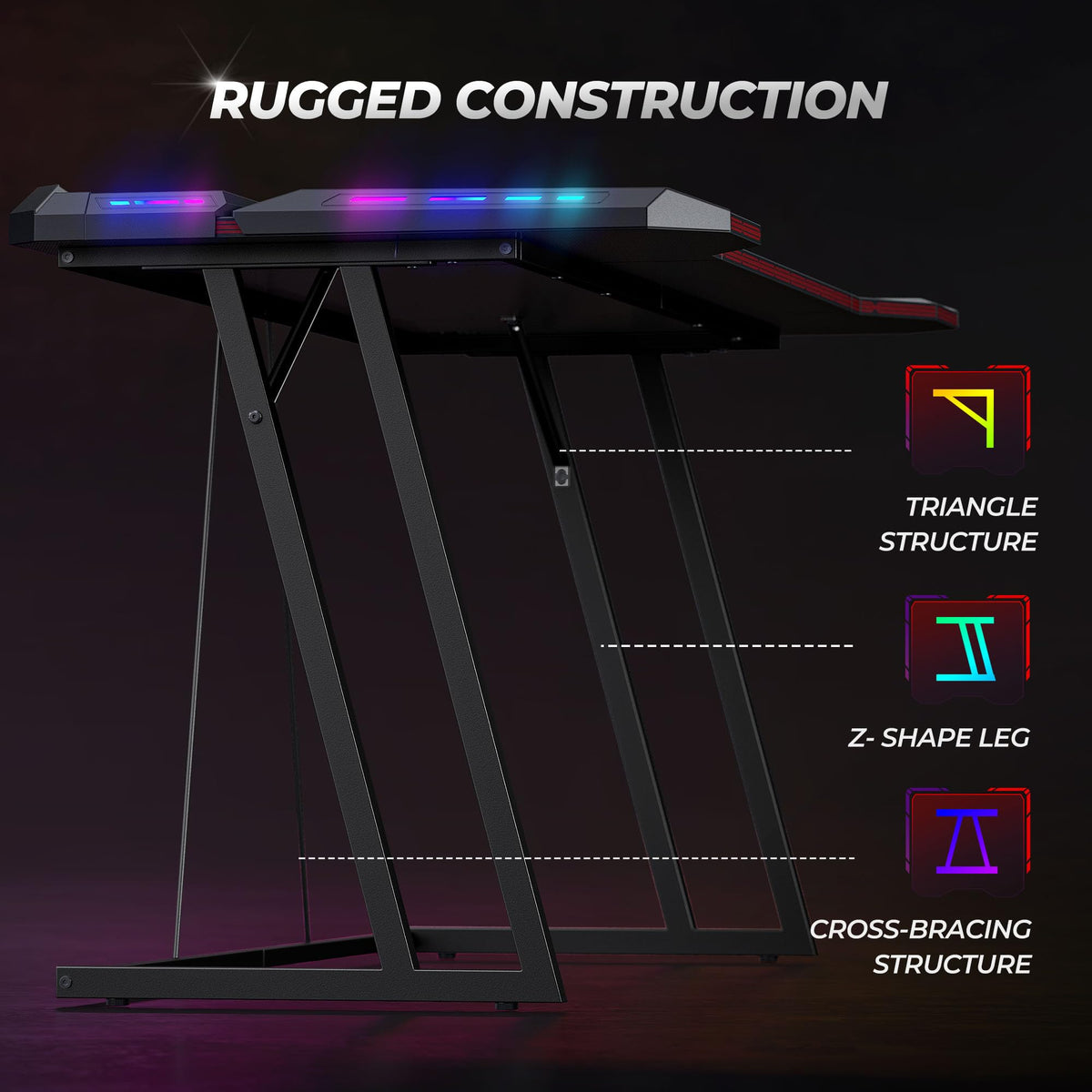 CubiCubi 55 Inch Carbon Fiber Surface Gaming Desk with LED Lights, Z-Shaped Computer Table, Ergonomic Office Desk & PC Workstation with Cable Management, Home Office Desks & Gamer Table, Black