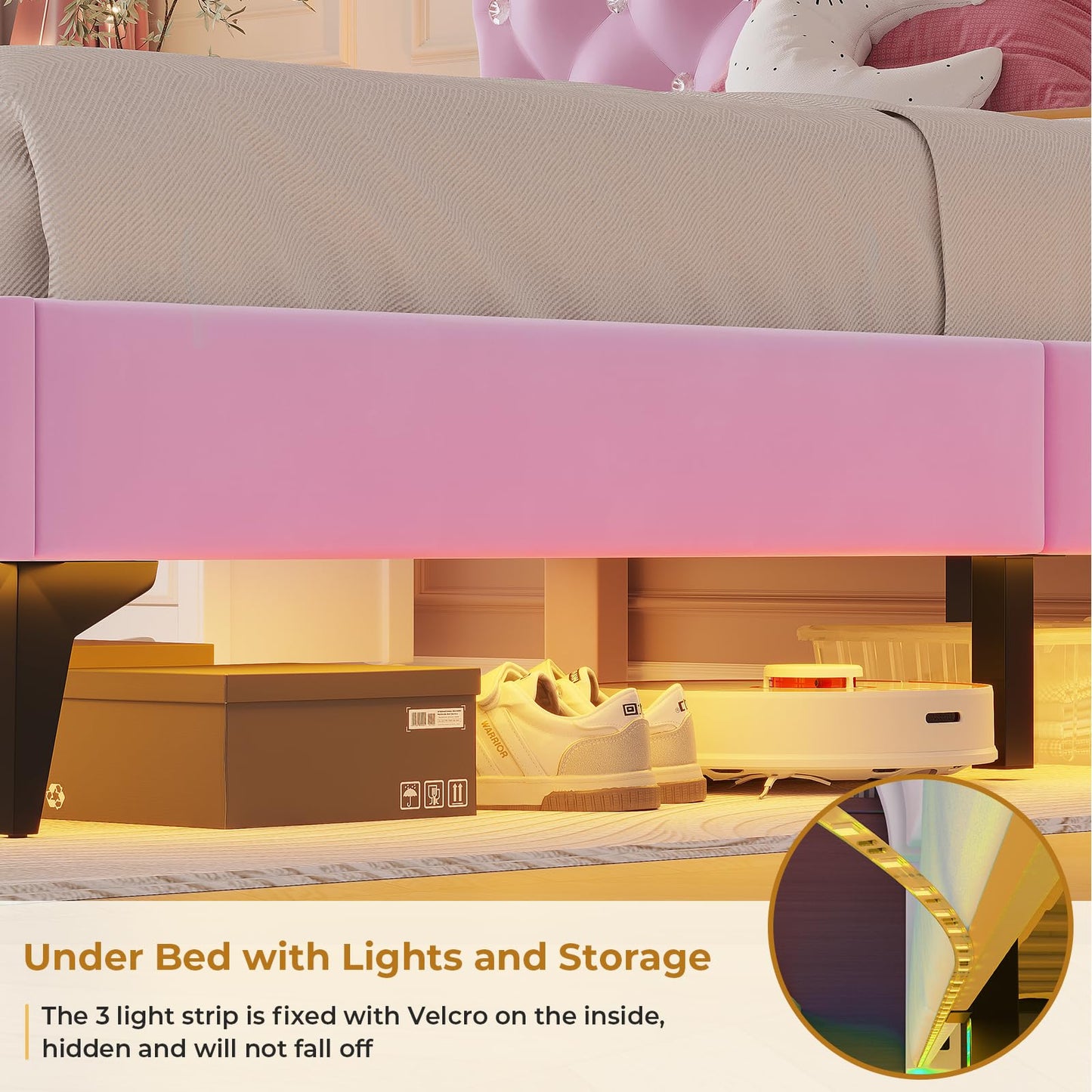 ADORNEVE Twin Size Upholstered LED Bed Frame, Girls Bed with Adjustable Crystal Button Headboard, Velvet Princess Platform Bed for Girls, Solid Wooden Slats, Easy Assembly, Pink