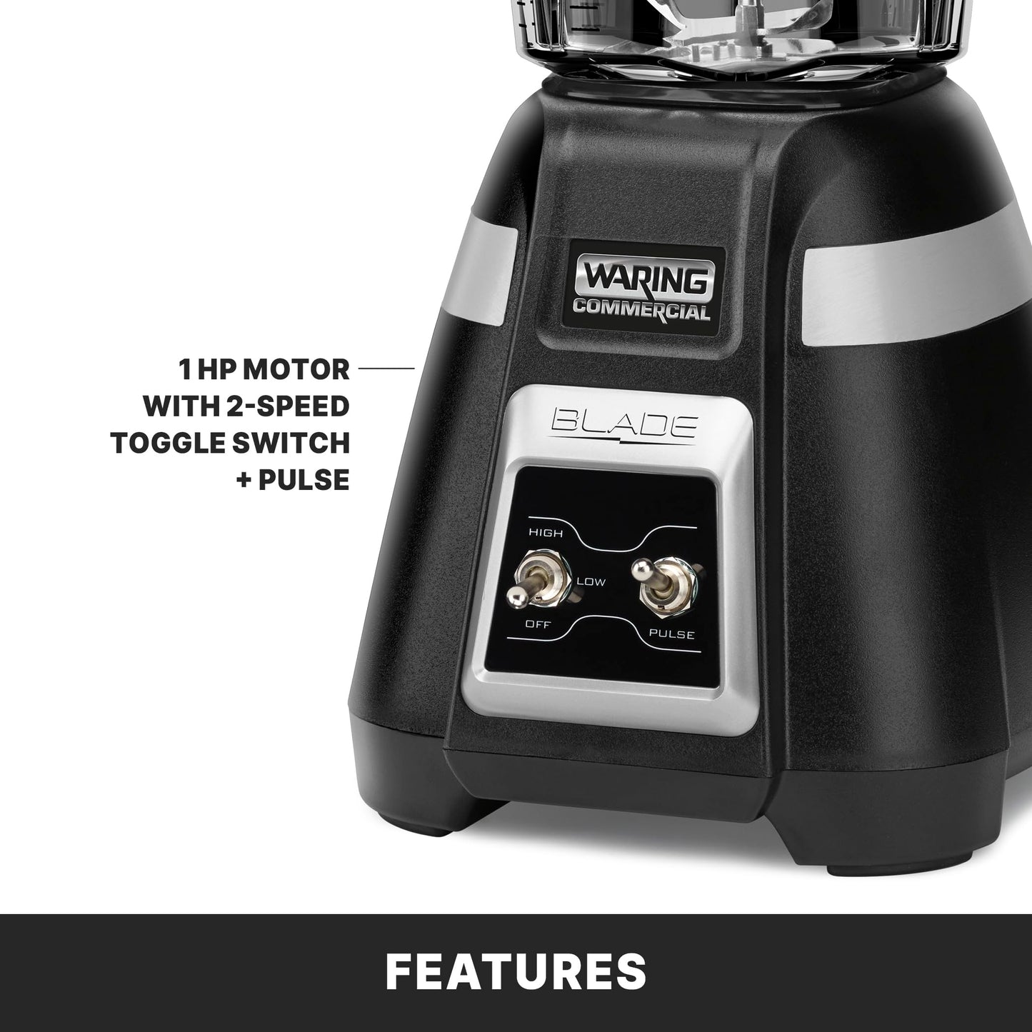 Waring Commercial BB300 Blade 1 HP Blender Toggle Switch Controls with Pulse feature with 48 oz BPA Free Copolyester Stacking Container, 120V, 5-15 Phase Plug ,Black