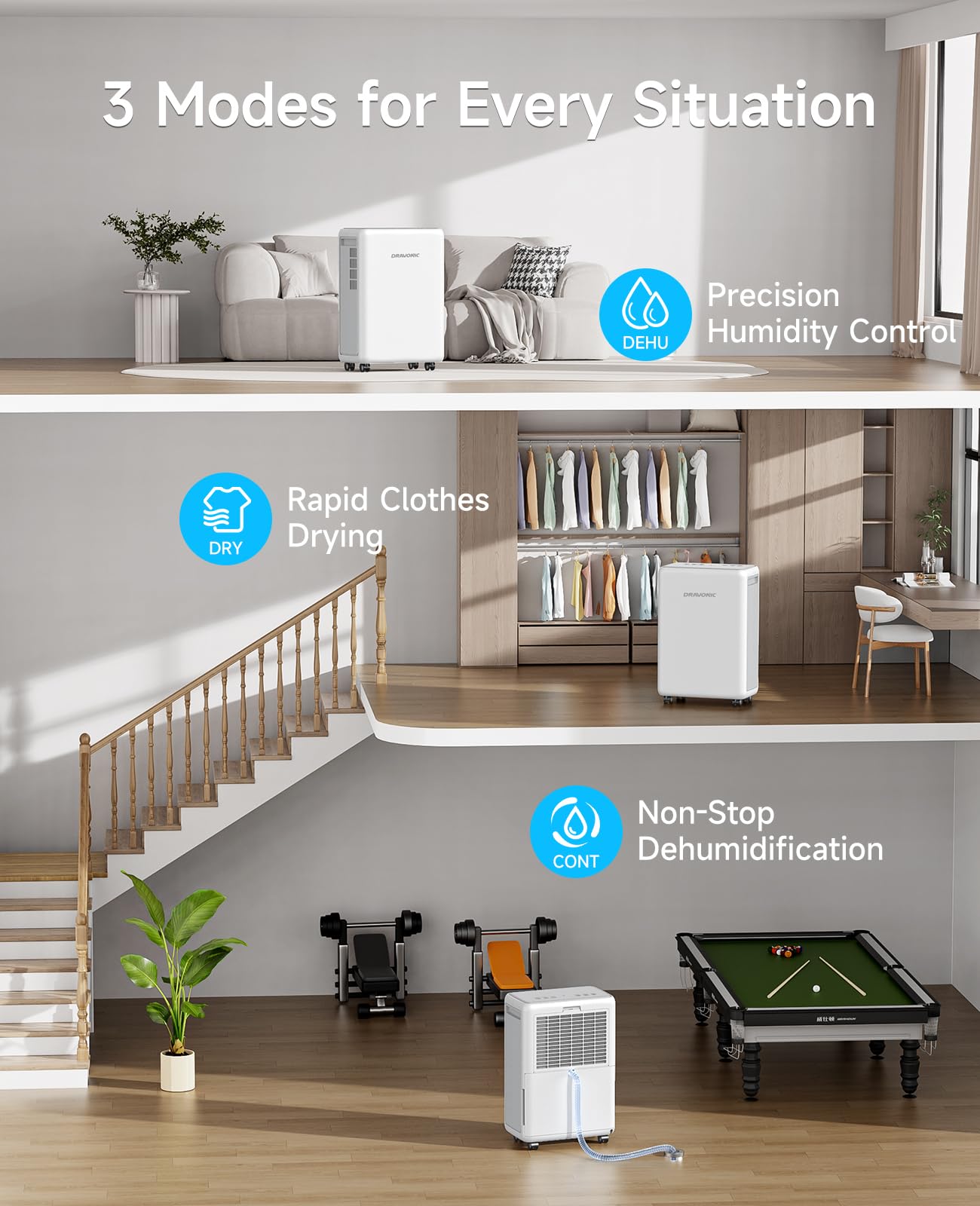 Dravonic 30 Pints Dehumidifier for Basement, 2000 Sq.Ft Dehumidifiers for Home with 3.3ft Continuous Drain Hose, 3 Modes Dehumidifier for Bathroom, Real-Time Humidity Display & Smart Control