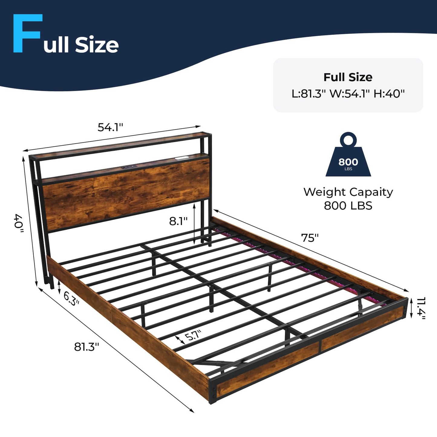 Bed Frame with 2-Tier Storage Headboard, Metal Platform Bed with Smart LED Lights & USB Charging Station, Noise-Free/Metal Support/No Box Spring Needed, Brown (Brown, Full)