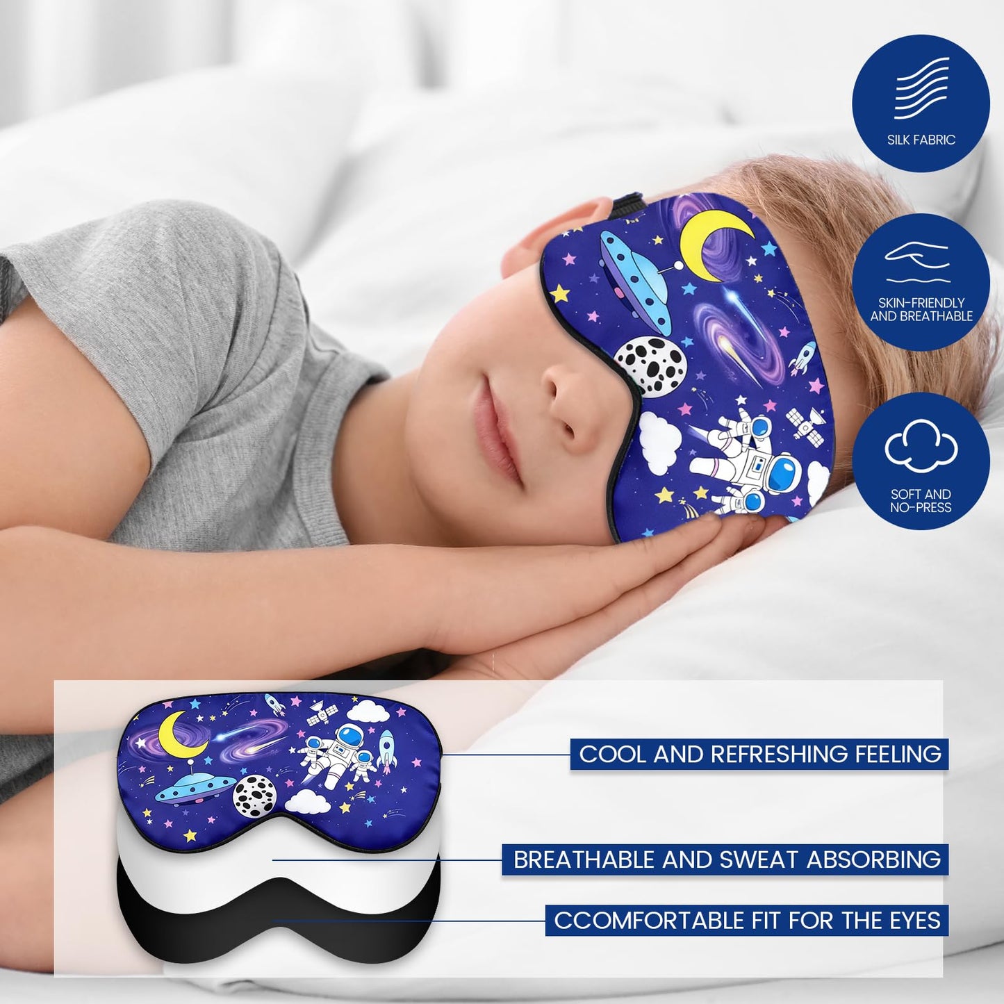 2 Pcs Sleep Mask for Kids Boys, Silk Eye Covers for Sleeping, Adjustable Strap & Light Blocking Design, Children's Bedtime Blindfold for Travel and Home Use (Astronaut)