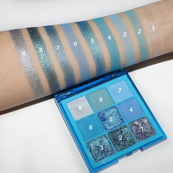AMY'S DIARY Dark Light Royal Blue Pearl White Glitter Shimmer Eye Shadow Makeup Palette,9 Colors Highly Pigmented Waterproof Matte Glitter Shimmer Daily Party Sparkling Eyeshadow Palett Gift