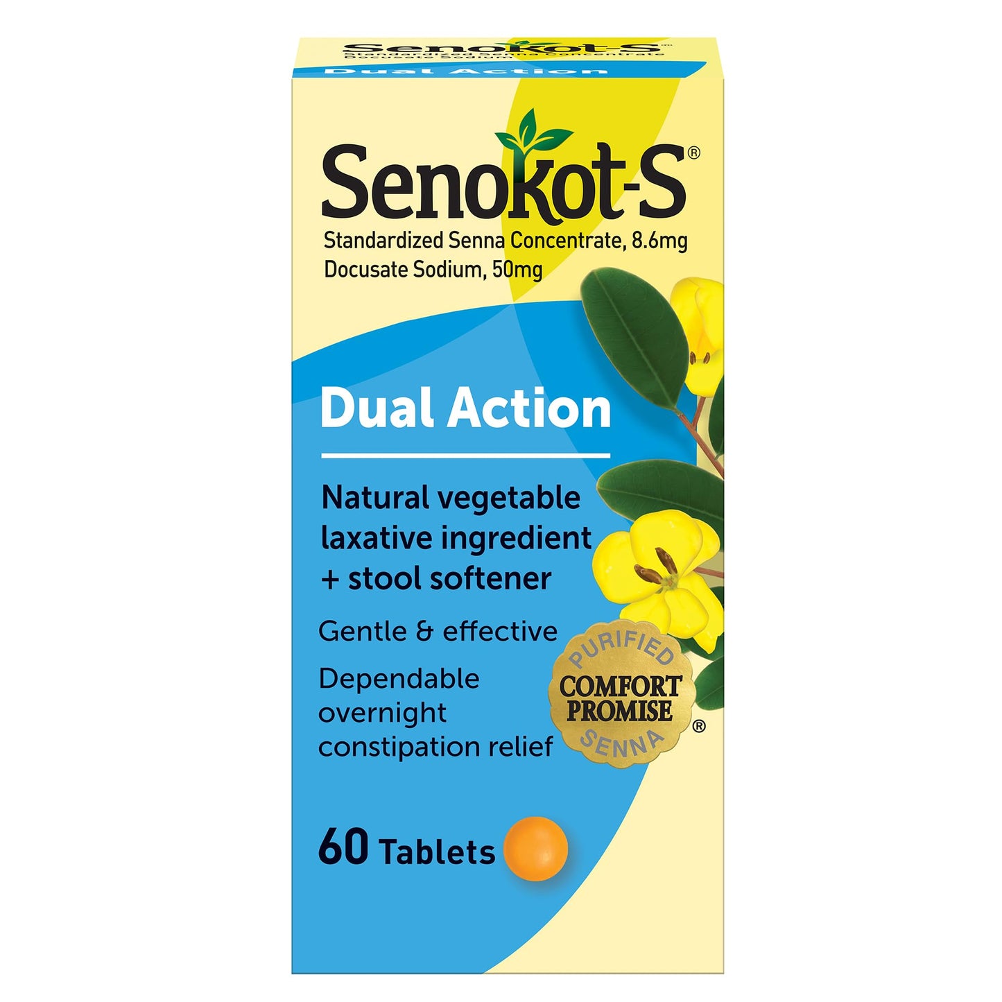 Senokot-S Dual Action Natural Vegetable Laxative Ingredient Plus Stool Softener Tablets, Docusate Sodium, Senna Concentrate, Gentle, Overnight Relief From Occasional Constipation, 60 ct