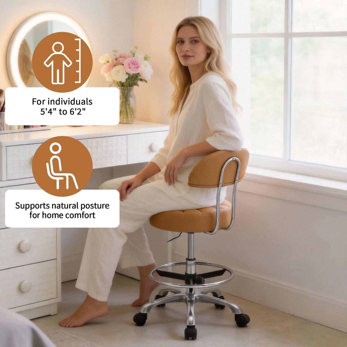 FIRAVOE Rolling Chair (Adjustable Height 20-27 inch) (Stool with Quiet Wheels and Foot Rest) Multifunctional Nail Salon and Spa Stools (Camarel Brown)