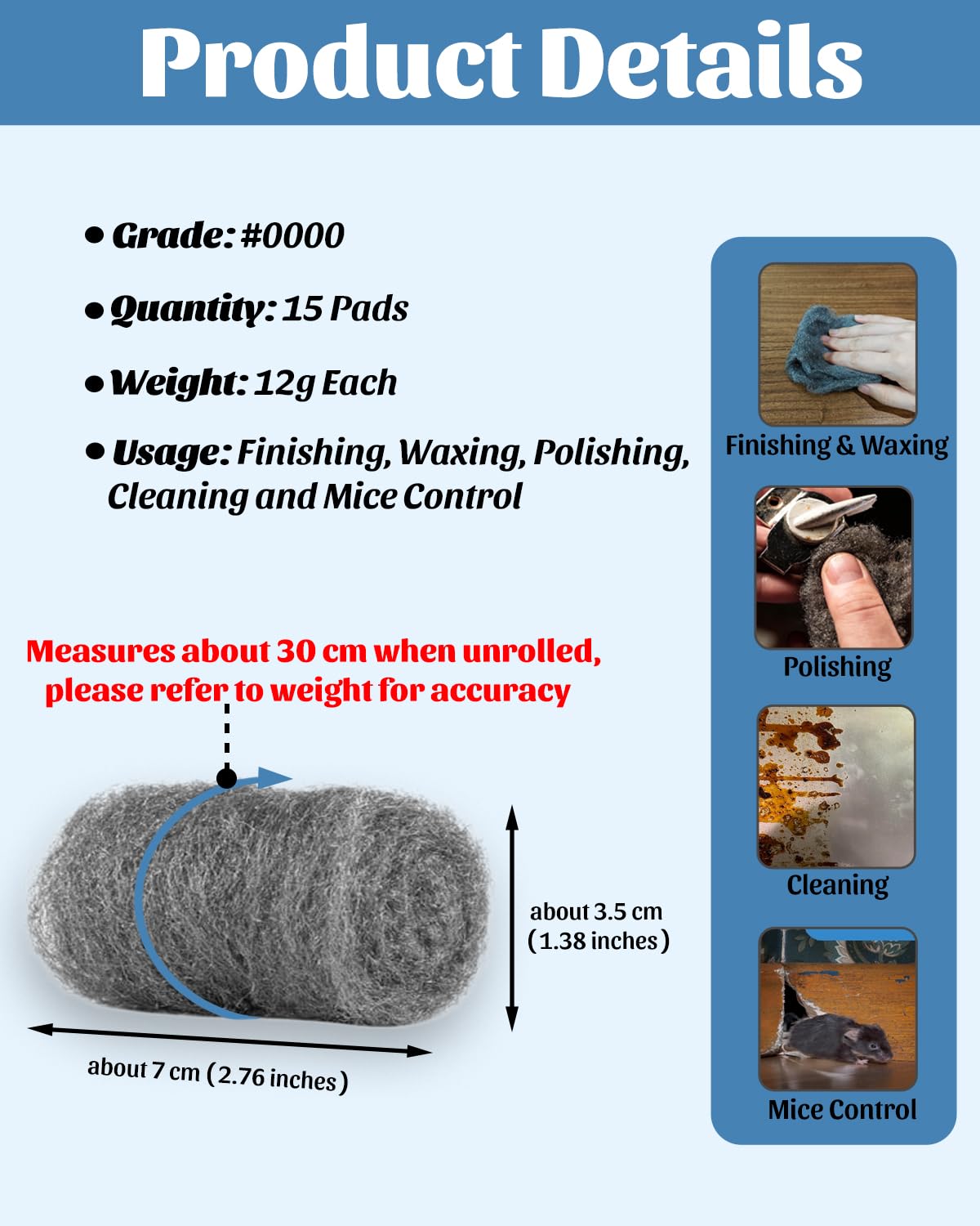 TAFFY'S Steel Wool Pads 0000 for Glass - 15 Pcs Extra Fine SteelWool for Cleaning & Polishing - Steel Wool Mice Control