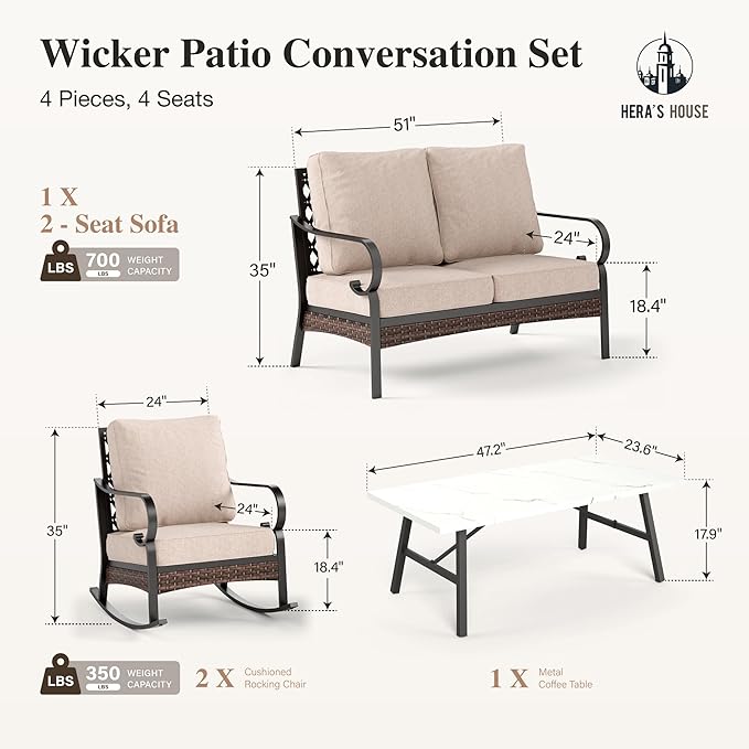 HERA'S HOUSE 4 Piece Metal Patio Furniture Set, 2 x Rocking Cushioned Chair, 2-Seat Lover Sofa with Coffee Table, All Weather Outdoor Conversation Set for Lawn Garden Backyard Deck, Beige