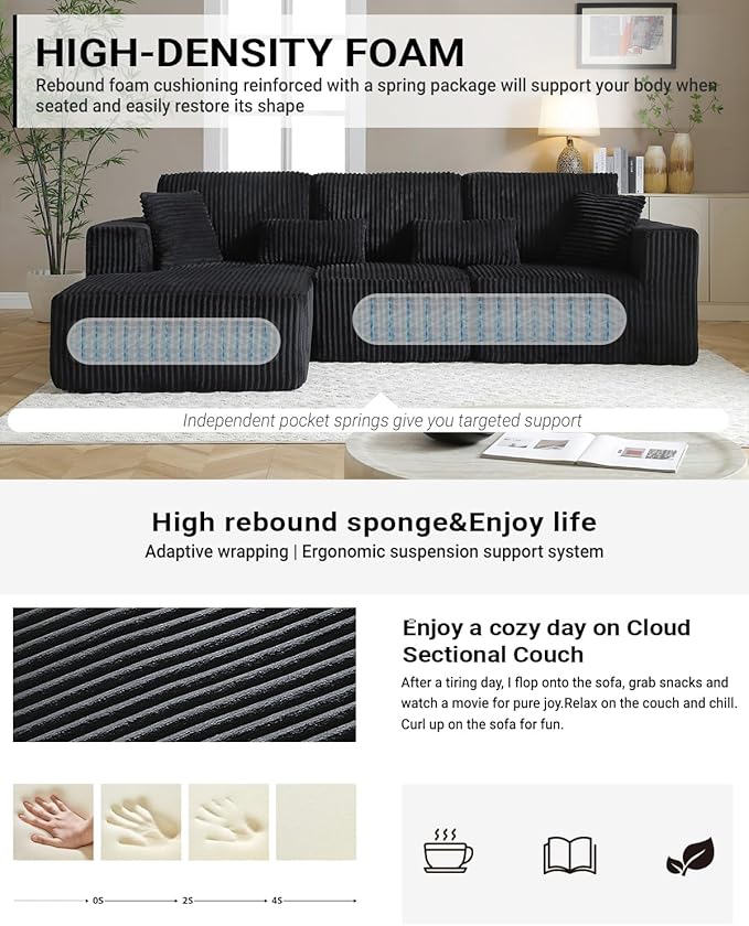 110” Modular Sectional Sofa, Cloud Sectional Couch with Deep Seat, Upholstered Boneless Couches for Living Room, Modern Modular L-Shape Sofa Couch with Chaise (Black, 110" Left Facing Chaise)