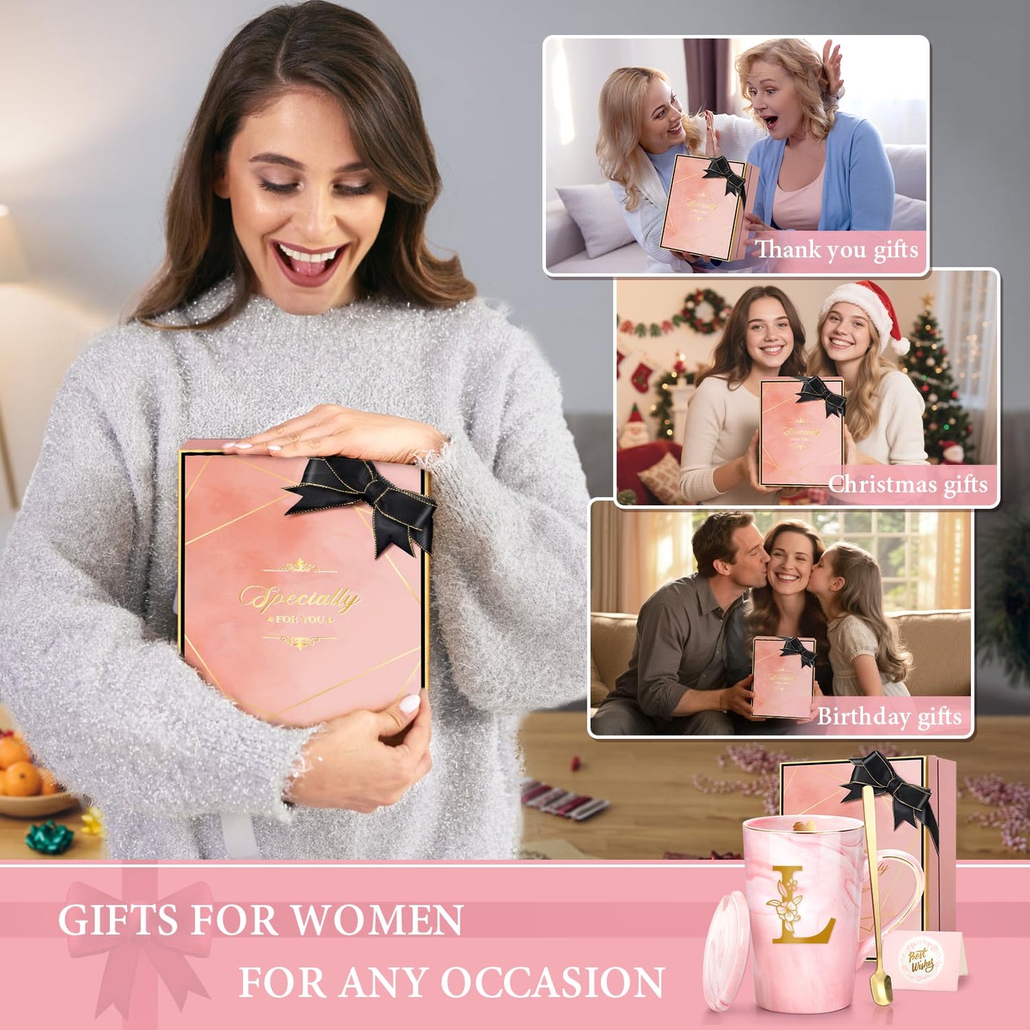 Coffee Mugs - Personalized Gifts for Women, Initial Customized Gift Ceramic Marble Cups 14 Oz Pink, Luxury Birthday Christmas Mother's Day Gift for Her Mom Grandma Girlfriend Friend Unique,L