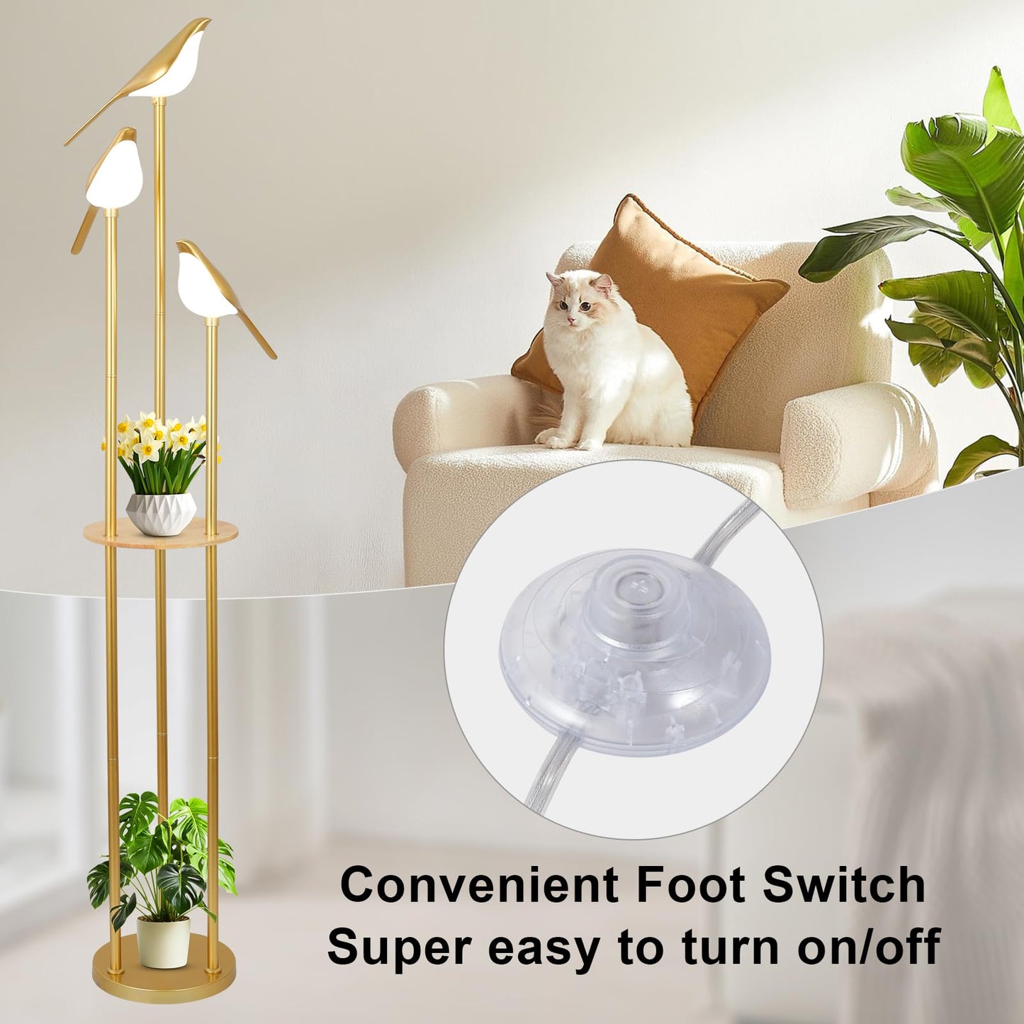 Gold Floor Lamp for Living Room With Shelves - Modern Mid Century Standing Light With 3 Adjustable LED Bird Lights, Corner Tall Lamp With Table, Brass Stand for Bedroom Kids Room