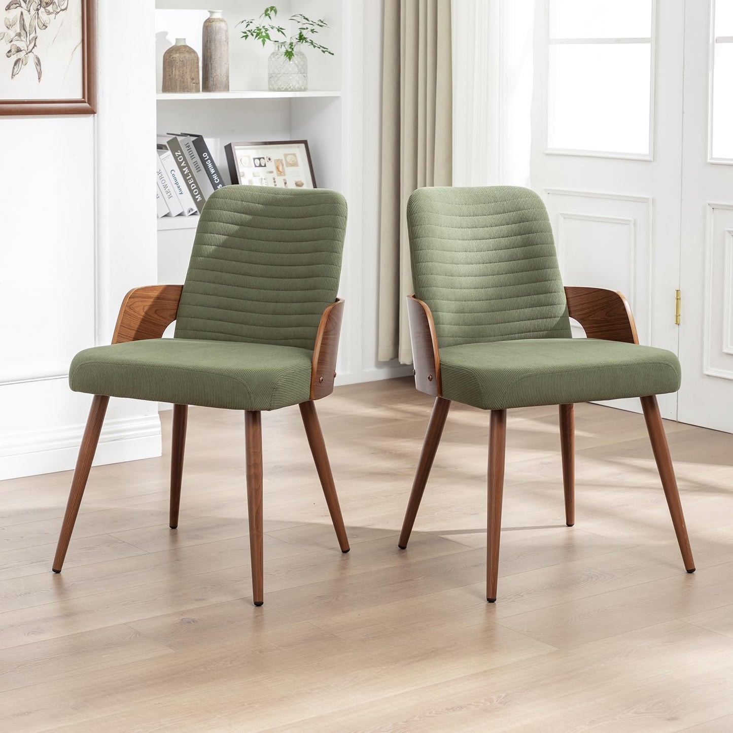 YOUUGIOR Dining Room Chairs Set of 2,Mid Century Modern Kitchen Chairs,Green Corduroy Fabric Upholstered Accent Chairs,Metal Legs Wooden Desk Chairs,Armless and No Wheels for Kitchen Dining Room