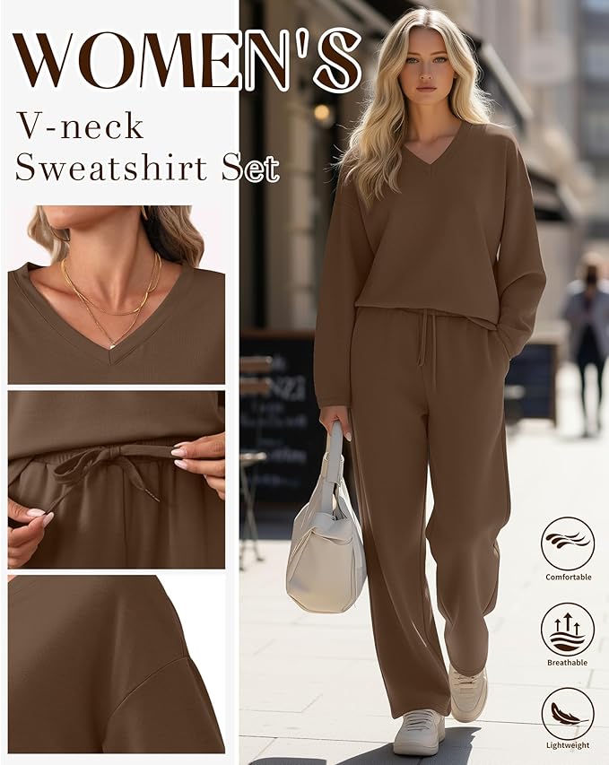 JoyMotion 2 Piece Women's Sweatsuit, V Neck Oversized Tracksuit Wide Leg Pant Fall Lounge Set Long Sleeve Sweatshirts Outfit