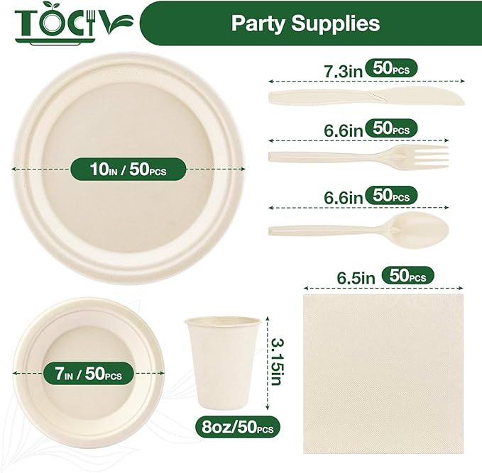 350PCS Compostable Paper Plates and Napkins Cups 10 & 7 Inch Disposable Heavy Duty Dinner Dessert Sturdy Plates and Utensils (Serve 50) Party Supplies Eco-friendly Dinnerware Set for Birthday Holiday