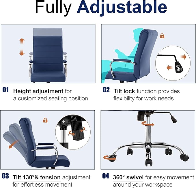 BOWTHY Modern Office Desk Chair, Conference Room Chairs, High Back Ergonomic Home ofiice Chair, Adjustable Height Swivel Executive Computer Chair with Padded Seat and Armrest (Blue)