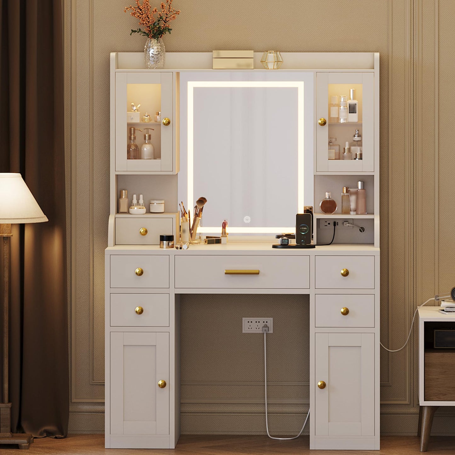 41" Vanity Desk with Mirror and Lights, Makeup Vanity with 6 Drawers, Storage Shelves, RGB Cabinets and 3 Lighting Modes Adjustable Brightness, Dressing Table with Charging Station for Bedroom- White