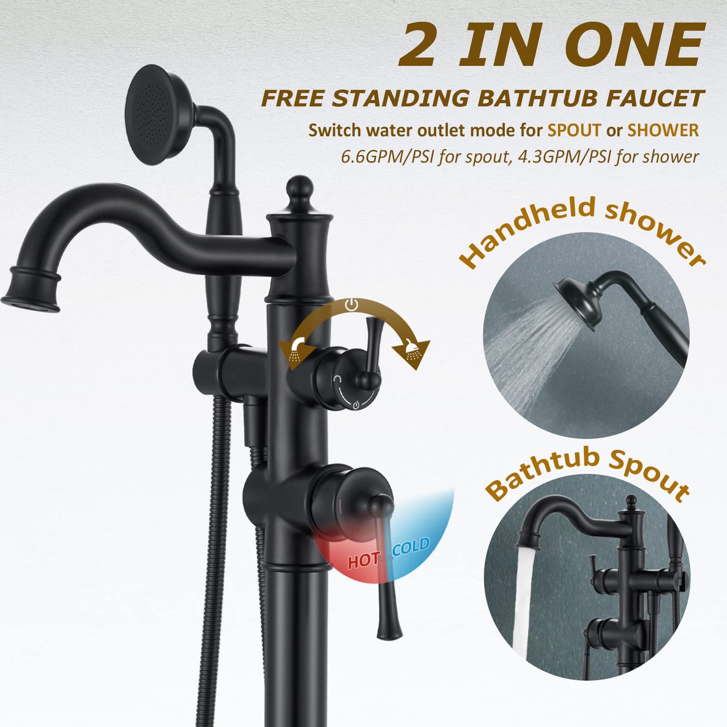 WINKEAR Freestanding Floor Mount Tub Filler with Handheld Shower Roman Bathtub Faucet by Matte Black Finish, Swivel Spout with Brass Rough-in and Water Hose