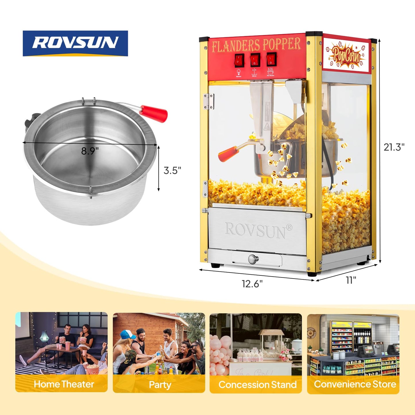 ROVSUN Popcorn Machine with 8 Ounce Kettle Makes Up to 32 Cups, Commercial Popcorn Machine Countertop Popcorn Maker w/Stainless Steel Scoop, Oil Spoon & 3 Popcorn Cups for Home Movie Theater, ETL, Red