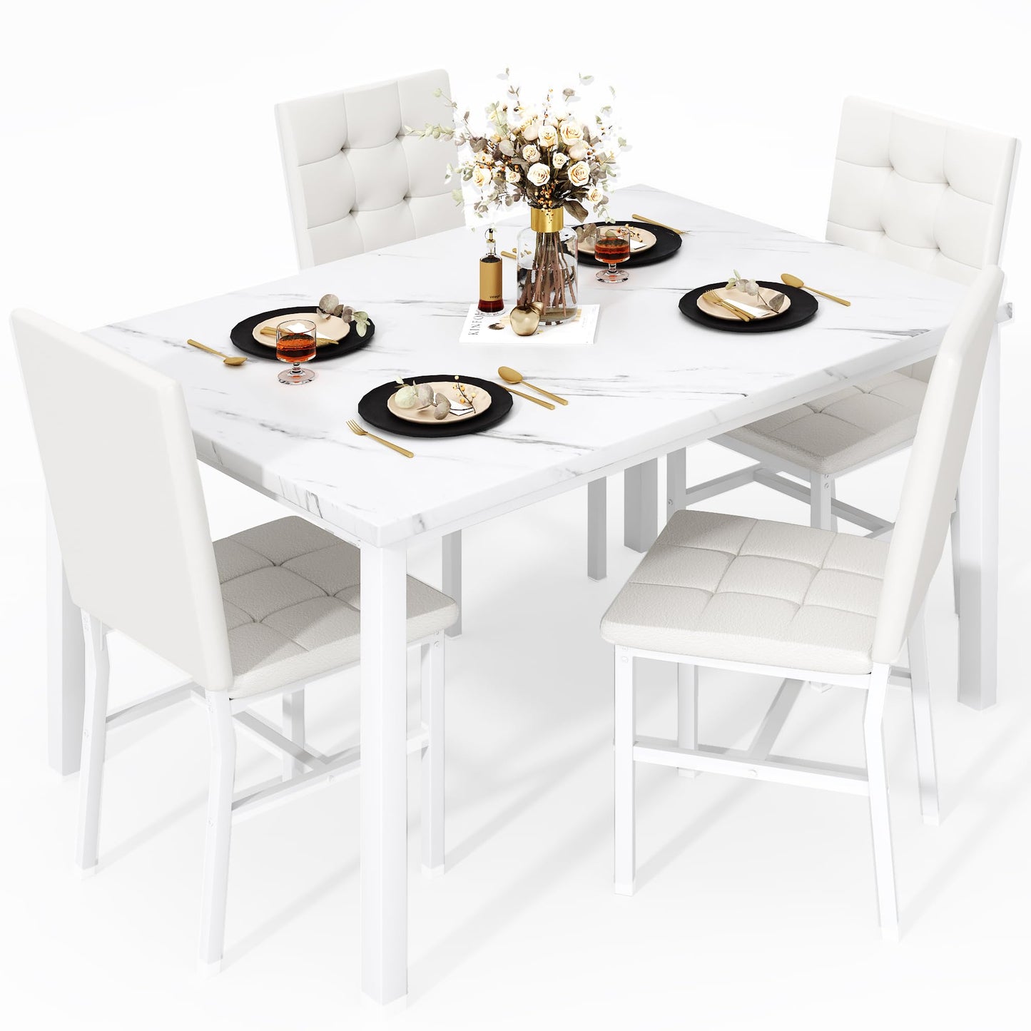 AWQM Dining Table Set for 4,Faux Marble Kitchen Table and Chairs Set of 4, Modern Dining Room Table Set for 4,Dinner Table with 4 Leather Chairs, Dinette Set for Small Spaces,White
