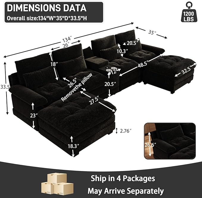 BEQAI 134"U Shaped Sectional Couches for Living Room, Oversized Modular Sectional Fluffy Couch with 2 Ottoman & Storage Console,Modern 6 Seat Living Room Sofa with Glitter Fabric,Tufted Buttons, Black