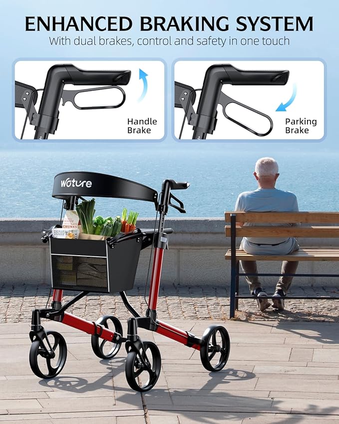 WOTURE Rollator Walker with Seat, Lightweight Rolling Walker, Foldable Rollator Walker for Seniors, 8" Big Wheels for All Terrain, Dual Height Adjustment, Only 16 Ib, Red