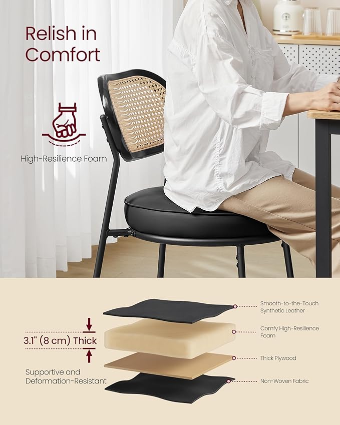 VASAGLE Dining Chairs, Set of 6 Accent Chair for Dining Room Kitchen, with Boho PE Rattan Back, Synthetic Leather Upholstery, Ink Black ULDC160B26