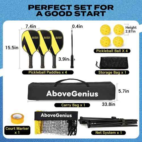 AboveGenius Pickleball Set with Net, Pickleball Paddles Set of 4, Portable Net for Driveway, Lightweight Rackets, 4 Outdoor Balls, 1 Storage Bag