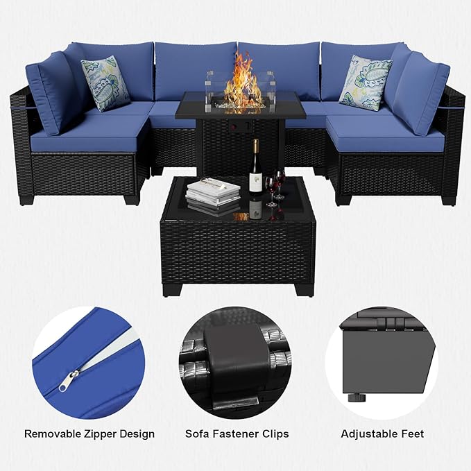 Ophelian 8 Piece Patio Furniture Set with Fire Pit Table, Wicker Outdoor Sectional Sofa, Patio Conversation Set for Backyard, Garden, Deck (Coffee/Blue)