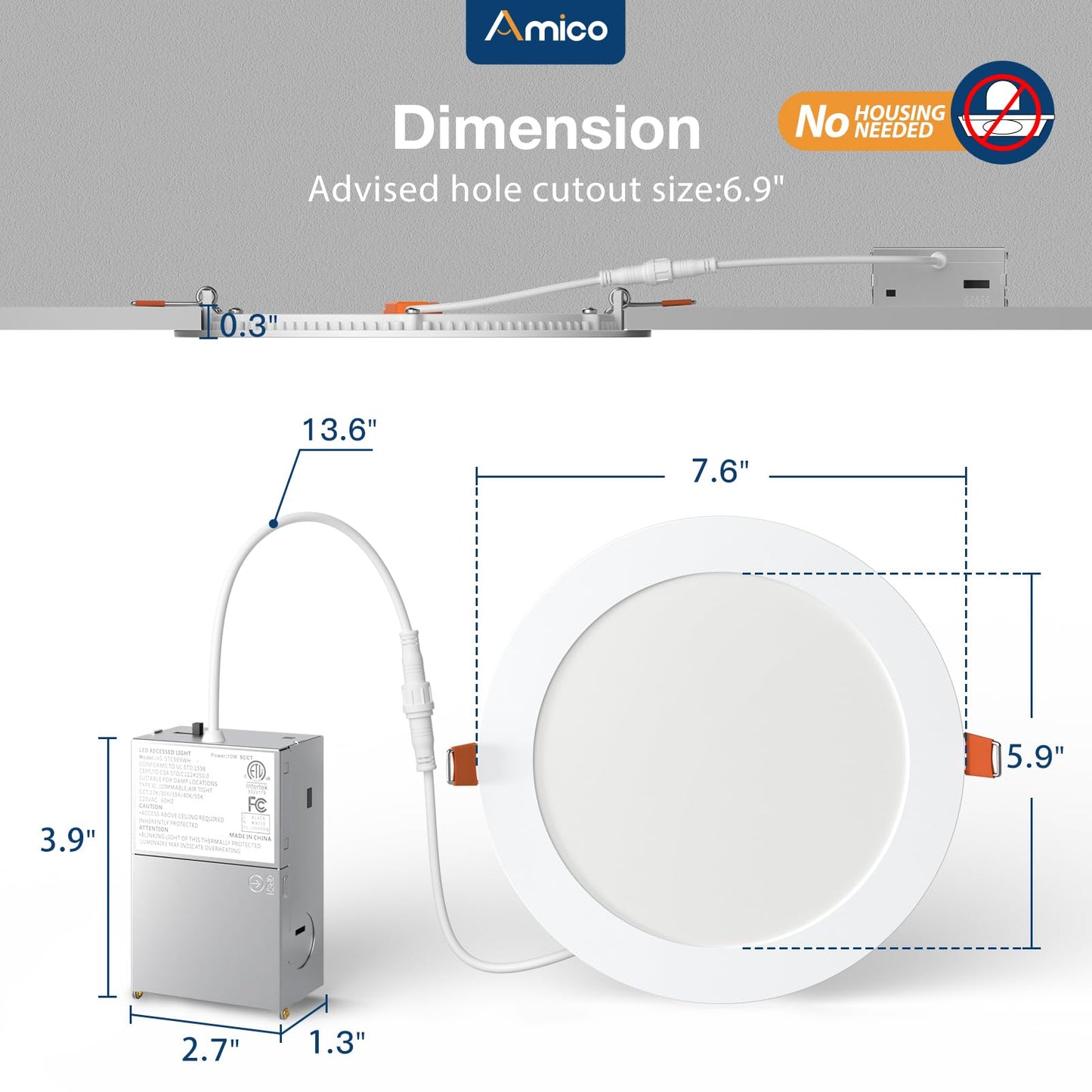 Amico 12 Pack 7 Inch 5CCT Ultra-Thin LED Recessed Can/Ceiling Light with Junction Box, 1300LM High Brightness, Dimmable Wafer Downlight, 15W, ETL&FCC
