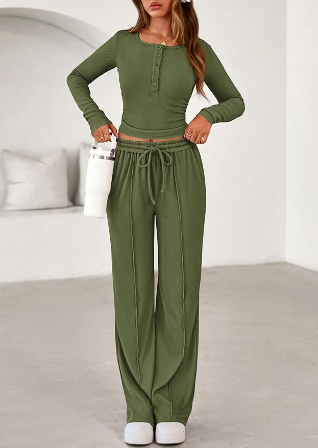 PRETTYGARDEN Women's 2026 Fall Trendy 2 Piece Outfits Lounge Sets Long Sleeve Top Henley Shirts Wide Leg Pants Travel Clothes