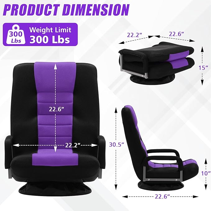 ACIPENSER Swivel Gaming Chair Multipurpose 2PACK Floor Gaming Chair for Playing Video Games, TV, Reading w/Armrest Lumbar Support & 6 Adjustable Postion Backrest for Adults & Kids,Purple