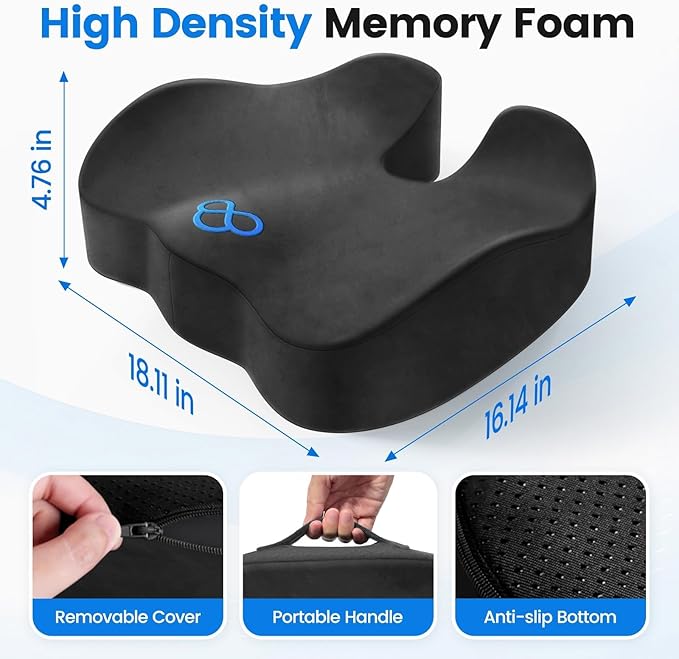 SofterCharm Seat Cushion with Carry Handle, Memory Foam for Tailbone/Sciatica Easing, Chair Cushions for Cars, Desks, Office Chair Cushion with Non-Slip Design, Ideal for Post-Surgery Recovery (Grey)