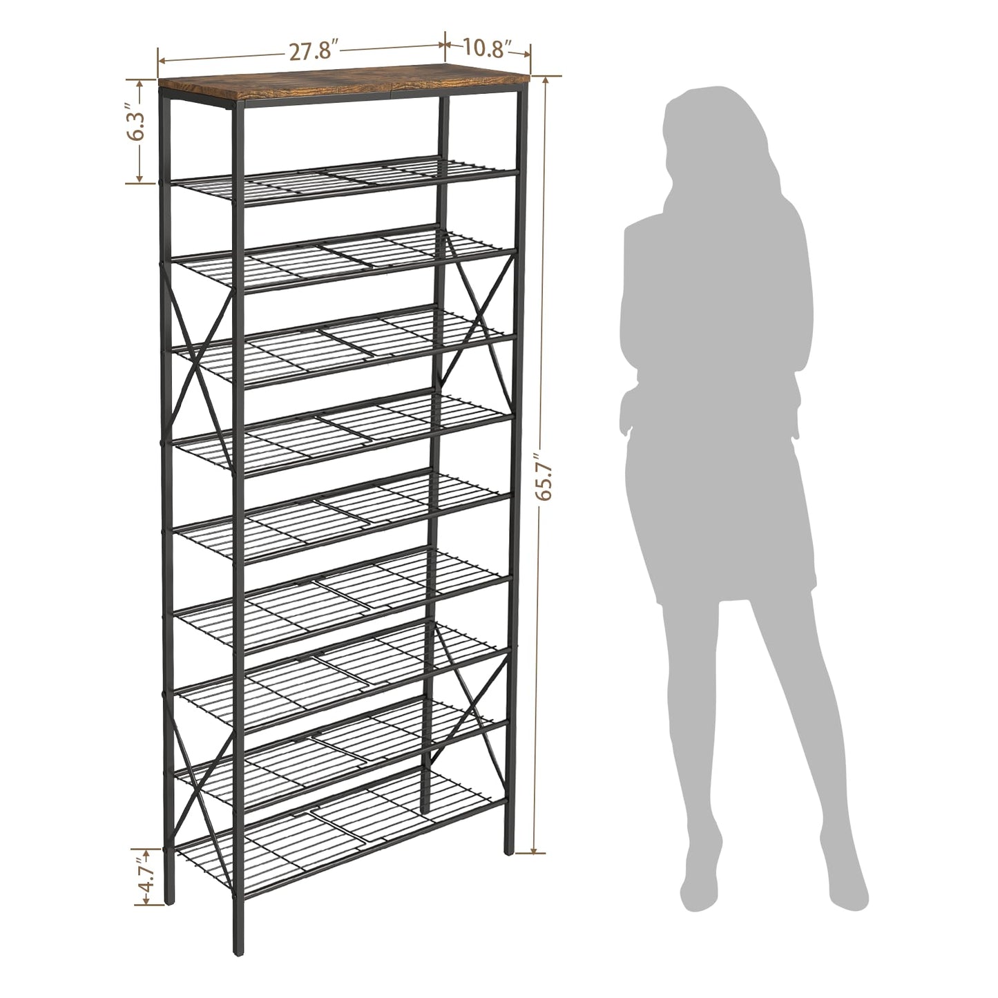 MILEFA 10-Tier Tall Shoe Rack, Large Capacity Shoe Shelf Holds40-45 Pairs, Shoe Shelf for Entryway, Hallway, Living Room, Rustic Brown