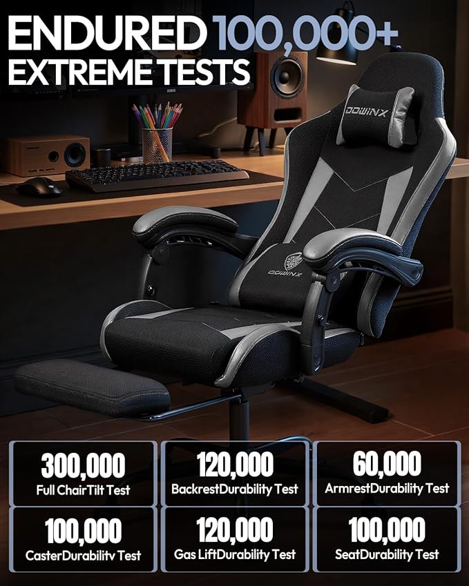 Gaming Chair with Footrest, Ergonomic 330lbs Leather Mesh Chair, Massage Lumbar Support, Adjustable Height & Headrest Pillow, Breathable Seat for Office, Home, Streaming, Long Gaming Sessions, Onyx