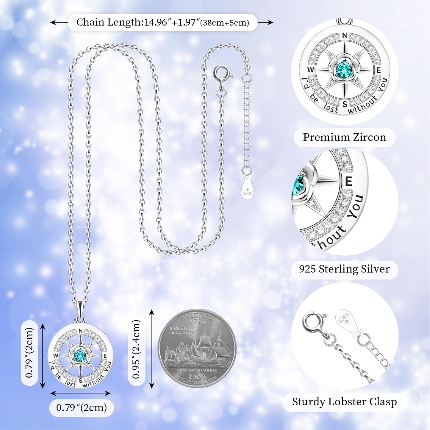 HOH-Tech Compass Necklace for Women 925 Sterling Silver Id be Lost without You Compass Necklace Birthstone Graduation Rose Jewelry Pendant for Mothers Wife Daughter-Dec-Blue Topaz