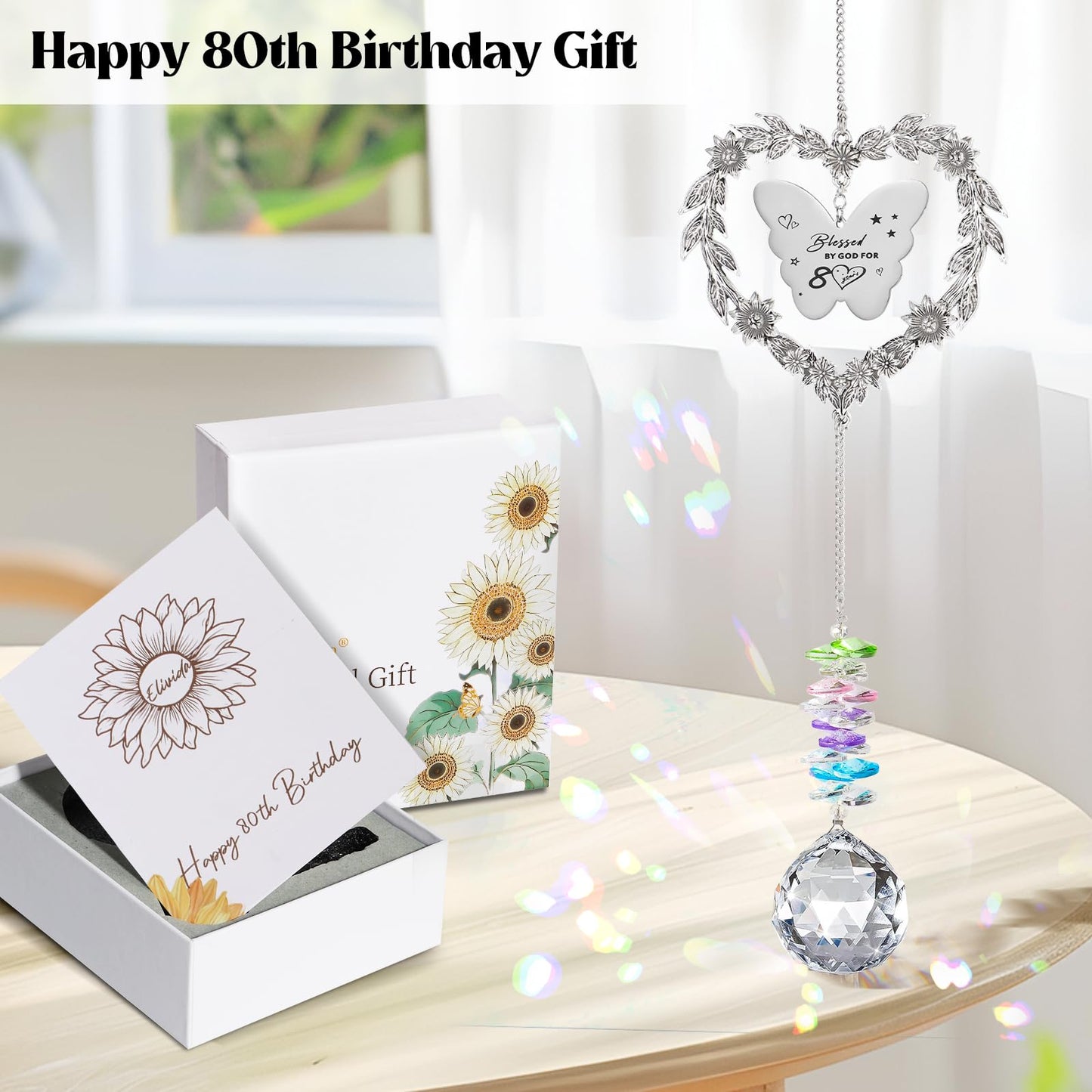 Elivida 80th Birthday Gifts for Women, Happy 80th Birthday Suncatcher for Her, Thoughtful 80 Bday Crystal Ornament for Wife, Mom, Grandma, Sister, Aunt, Turning 80 Year Old Rainbow Marker