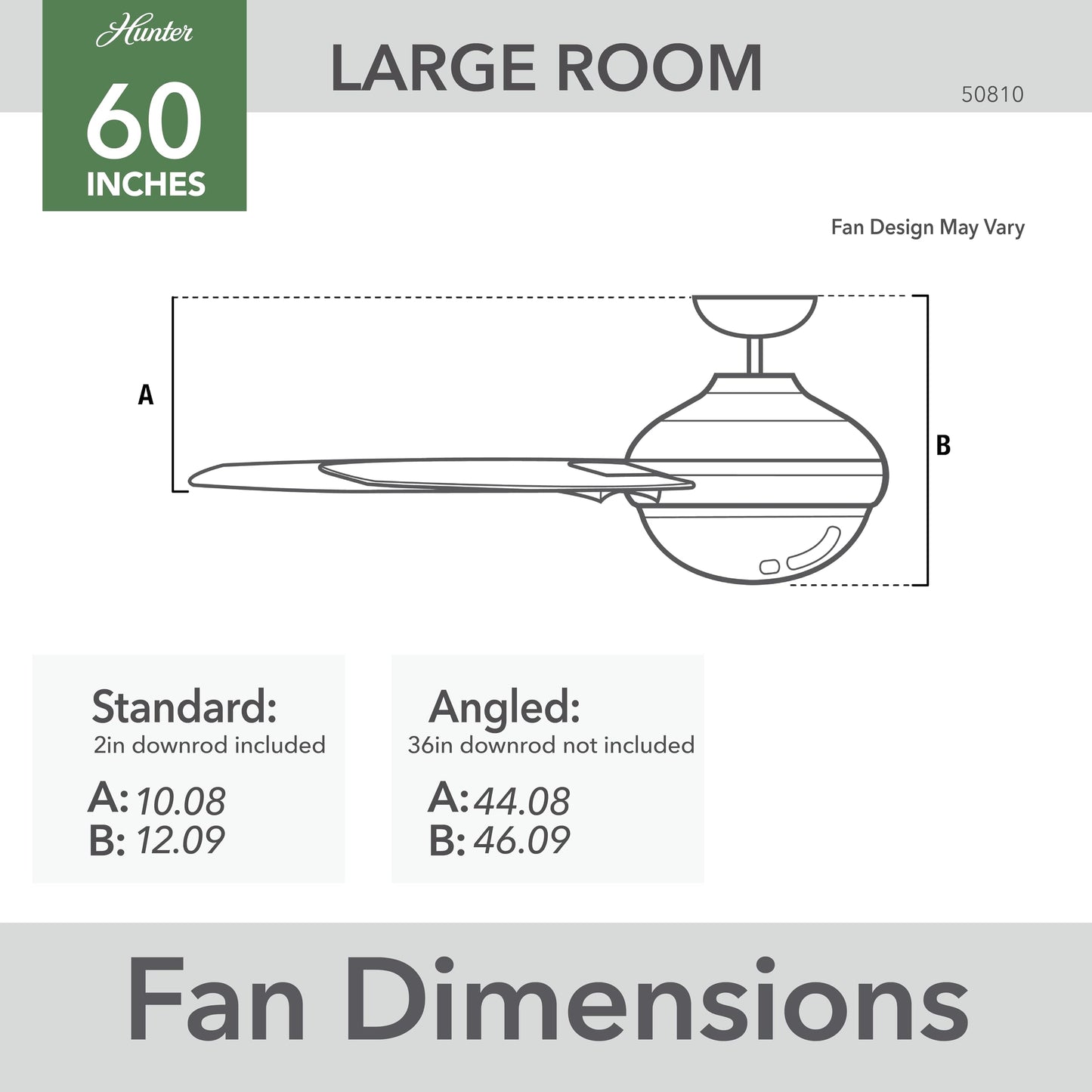 Hunter 52 inch Indoor Ceiling Fan No Light - Black Modern Ceiling Fan without Light, 3 Blades, Standard Mount, For Bedroom, Living Room, or Kitchen, Wall Control - Presto 50810, Matte Black