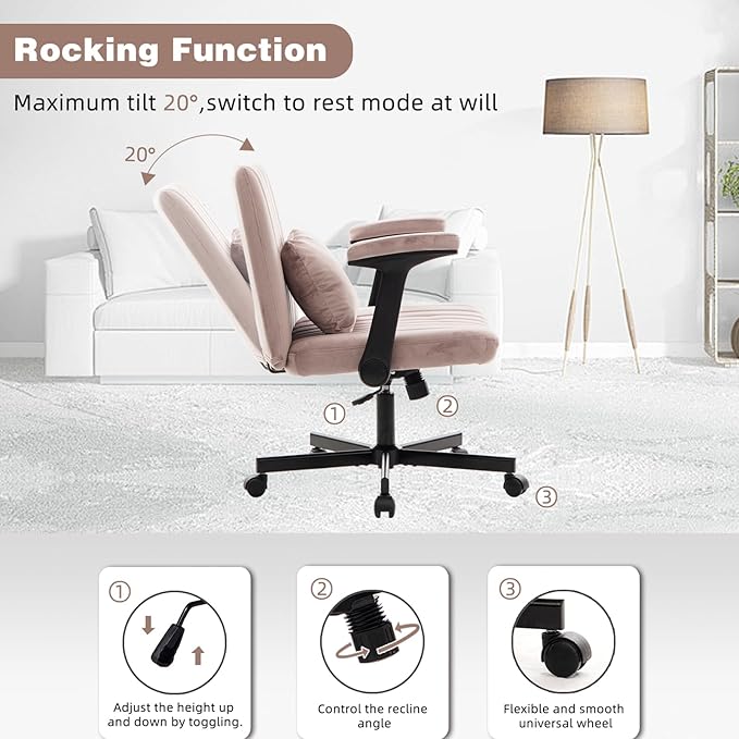 Furnimart Criss Cross Desk Char Wide Seat with Wheels and Arms, 360° Swivel Cross Legged Desk Chair Thick Cushion, Linen Comfy Armless Home Office Chair for Bedroom, Vanity, Sturdy (Light Pink)