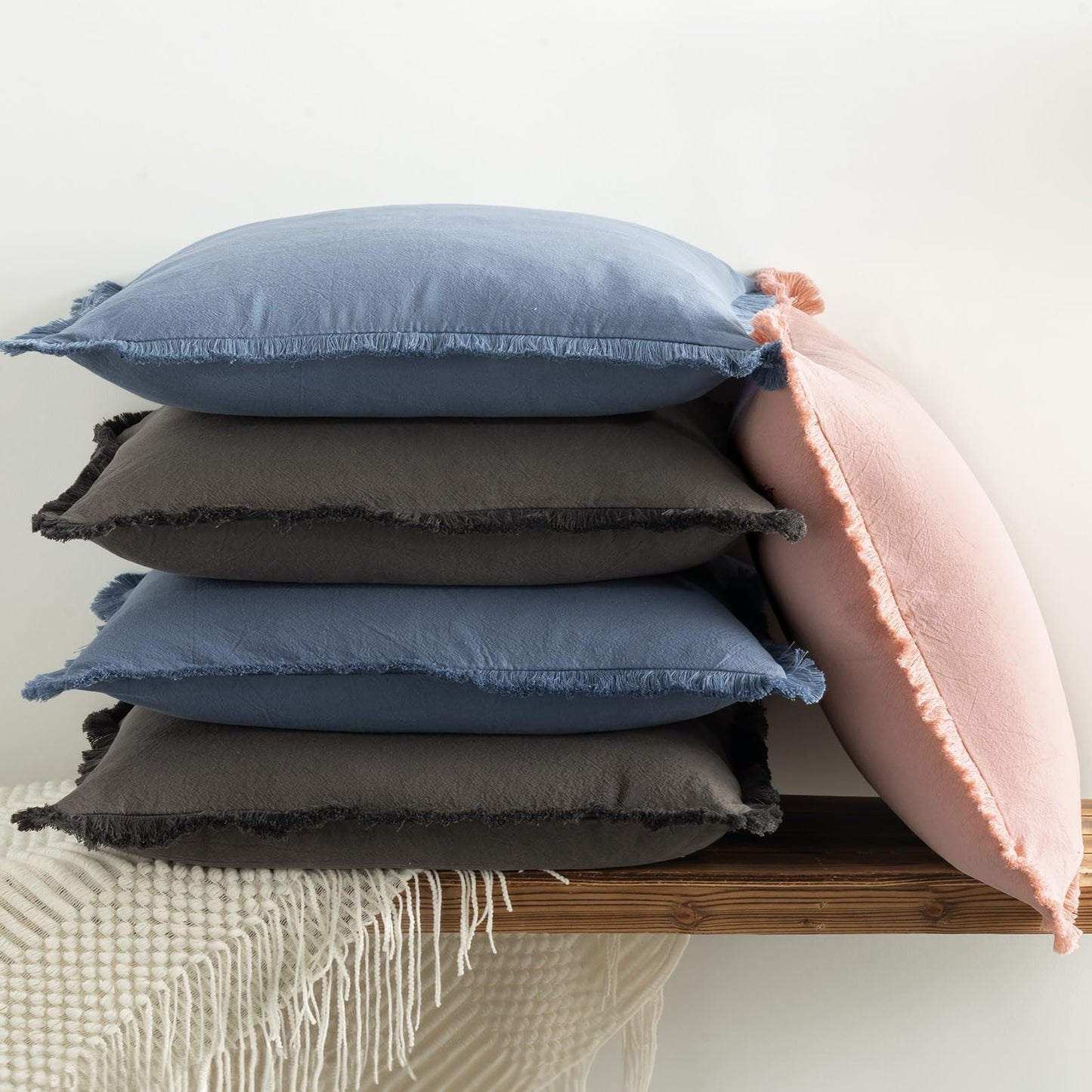 ZWJD Pillow Covers 18x18 Set of 2 Blue Throw Pillow Covers with Fringe Chic Cotton Decorative Pillows Square Cushion Covers for Sofa Couch Bed Living Room Farmhouse Boho Decor