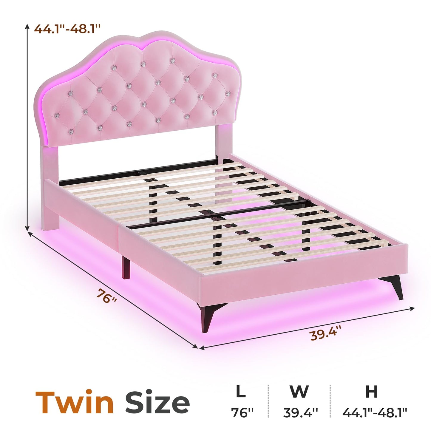 ADORNEVE Twin Size Upholstered LED Bed Frame, Girls Bed with Adjustable Crystal Button Headboard, Velvet Princess Platform Bed for Girls, Solid Wooden Slats, Easy Assembly, Pink