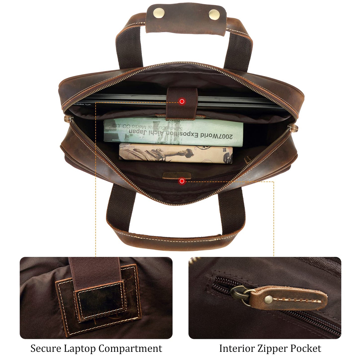 Polare Full Grain Leather 16.5'' Laptop Bag Briefcase for Men Business Messenger Work Bag Fits 15.6'' Laptop (Dark Brown)