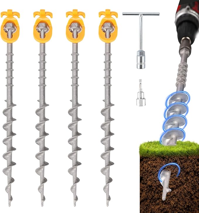 Keltrion 4 PCS Screw in Tent Stakes for Women Men - Ground Anchors for Sand, Canopy, Trampolines, Camping Aluminium Heavy Duty Rust Prevention Pegs Drillable Lightweight Safe - Silvery 14 inch