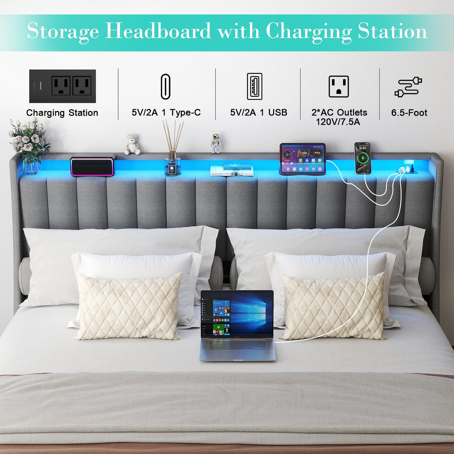 Queen Bed Frame with 2 Storage Drawers, Platform Bed Frame Queen Size with LED Light, Upholstered Headboard, Charging Station, Steel Slat Support, No Box Spring Needed, Noise-Free, Easy Assembly, Gray