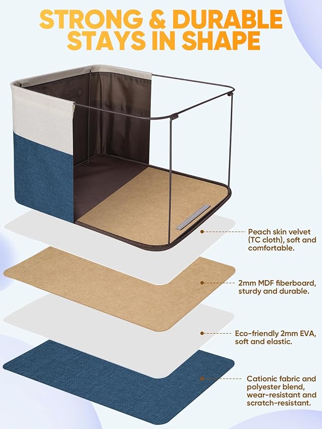 BALEINE 2 Pack Fabric Storage Bins for Shelves, Linen Storage Baskets for Organizing, Decorative Closet Bins for Clothes, Home (Navy Blue, 14''x10''x8.5'')
