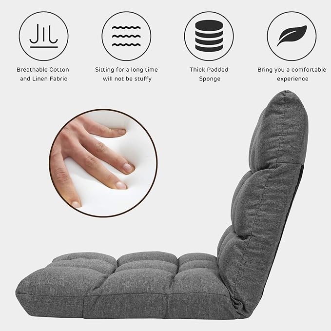 GORELAX Floor Chair with Back Support, 14-Poistion Adjustable Folding Gaming Chair Recliner, Meditation Chair with Steel Frame, Padded Lazy Sofa Chair for Adults, Kids (Gray)